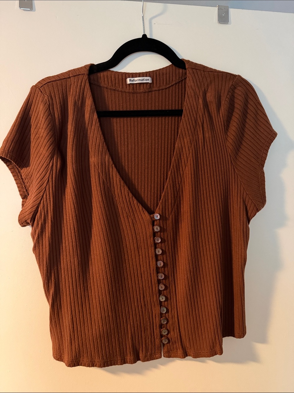 Reformation Rust Brown Ribbed Button-Front Top
